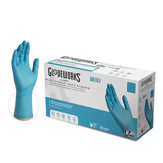 HD Medical Blue NitrileGloves - 8 mil, 12 inches Long, Latex Free, Powder Free, Textured, Disposable, Non-Sterile, Medium,GPNHD64100-BX, Box of 50