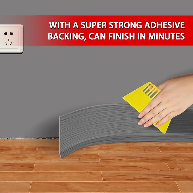 FONUNO Vinyl Wall Base Baseboard Molding Trim 4" Flexible Self Adhesive Rubber Wall Base Moulding Trim Peel and Stick Design, 4 Inch x 60 Feet, Medium Grey Wood Grain