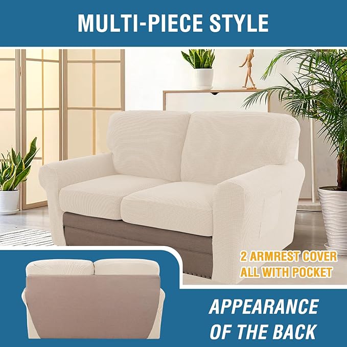 H.VERSAILTEX Multi-Pieces Sofa Covers Stretch Couch Covers Form Fitted Seats and Back Cushions Covers (2 Seat Covers Plus 2 Back Cusion Covers, Bonus 2 Armrest Covers), Cream