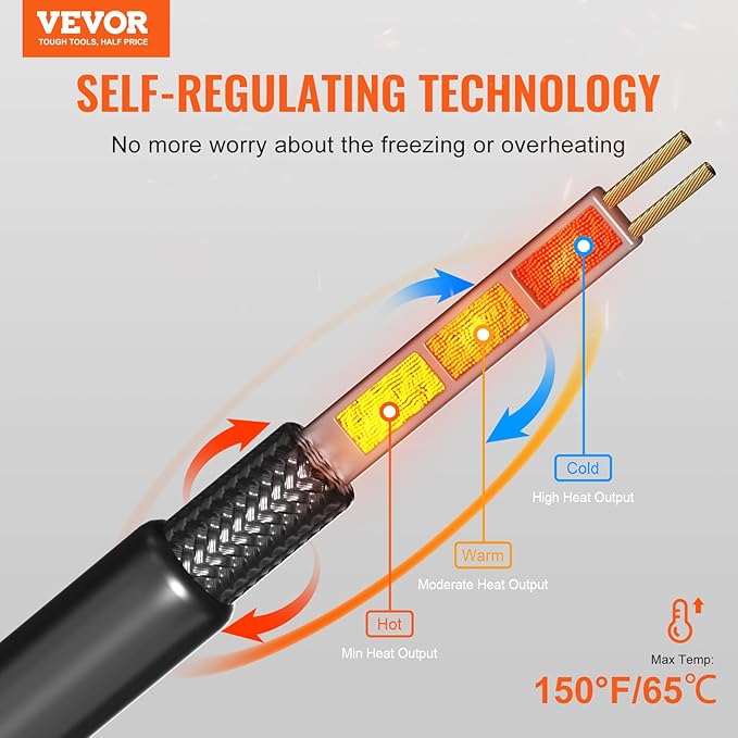 VEVOR Self-Regulating Pipe Heating Cable, 50FT 5W/FT Heat Tape for Pipes, Roof Snow Melting De-icing, Gutter and Pipe Freeze Protection