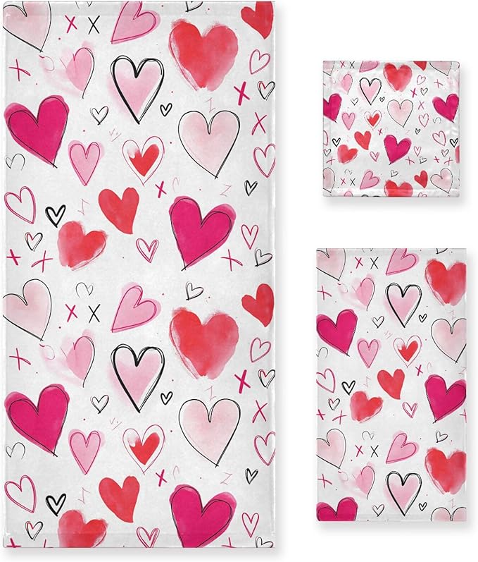Pfrewn Doodle Romantic Pink Heart Towels Set of 3 Romantic Pink Red Love Spring Bathroom Towel Soft Absorbent Bath Hand Towels Washcloth Guest Towel Sets Mother's Valentine's Day Decorations