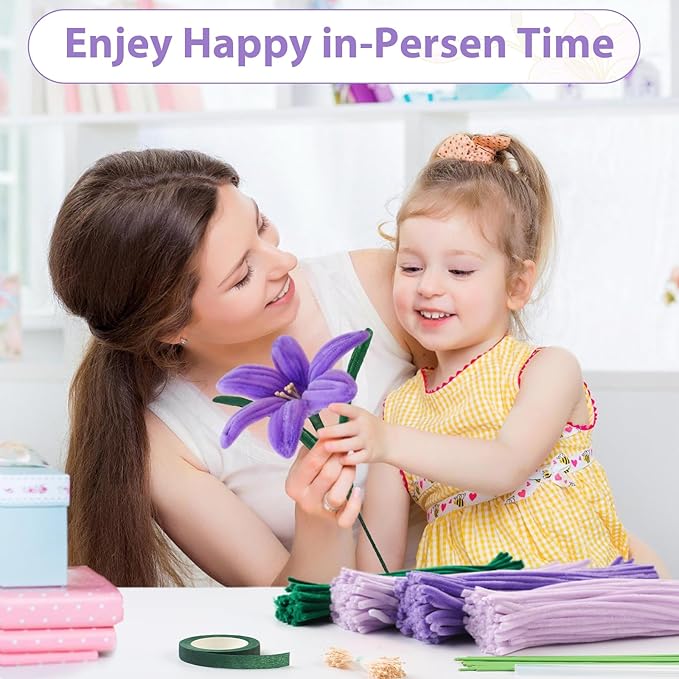 350 Piece Pipe Cleaner Craft, 4 Color Pipe Cleaners Bulk, Chenille Stems for DIY Flower Making Kits with Hot Melt Adhesive, Gardening Tape, Stamens (Purple)