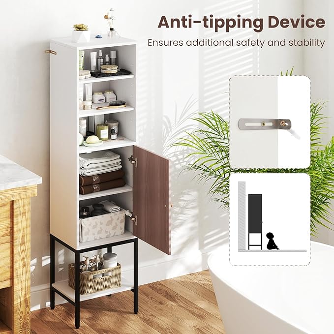 Giantex 57” Tall Bathroom Storage Cabinet, Floor Cabinet with Door, Adjustable Shelves & Foot Pads, Metal Legs, Anti-Tipping Kit, Slim Bathroom Storage Unit for Living Room, Kitchen (White)