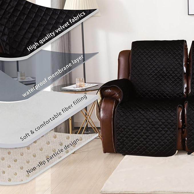 LUFEIJIASHI Non Slip Recliner Couch Covers for 2 Cushion Couch Sofa Reclining, Waterproof Recliner Sofa Covers 2 Seat, Velvet Reclining Couch Covers for Furniture Protector for Dogs Pets Black