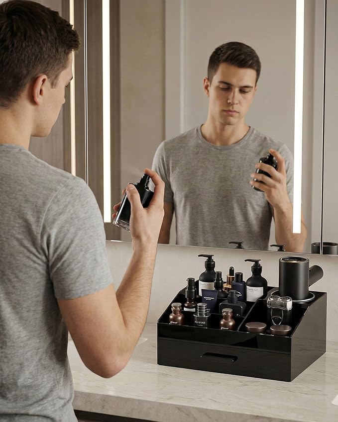 ProCase Cologne Organizer for Men with Drawer, Acrylic Perfume Holder & Bathroom Countertop Organizer for Men & Women, Dresser Vanity Storage for Cologne, Perfume and Skincare -1 Layer, Cup