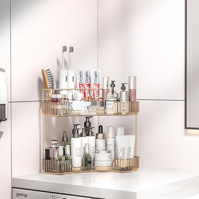 Corner Bathroom Counter Organizer with Top Toothbrush Holders, 2-Tier Make Up Organizers for Vanity with Brush Holder, Corner Storage for Bathroom, Kitchen, Dresser