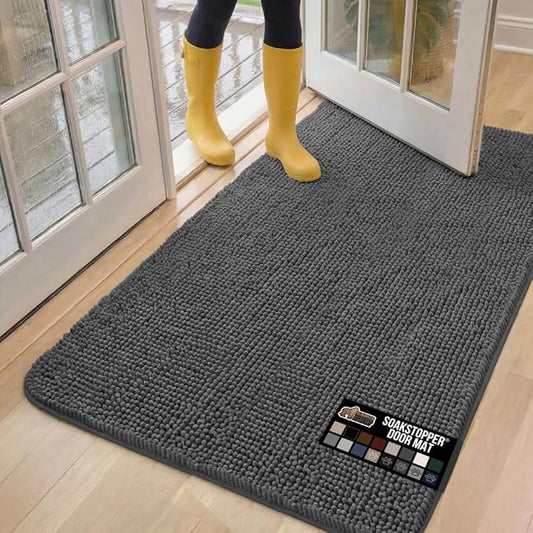GORILLA GRIP SoakSTOPPER Dog Door Mat, 60x36 Machine Washable Rug Absorbent Doormat Captures Moisture Mud Dirt, Quick Dry Soft Chenille Entryway Rugs Indoor Entrance Mats for Dog Paws, Charcoal