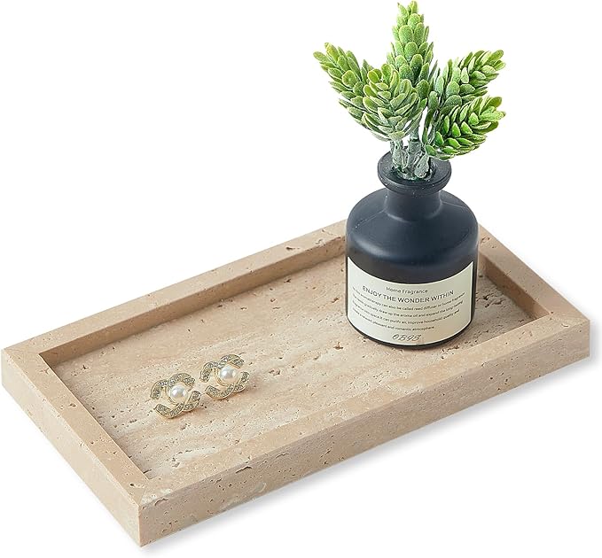 Natural Small Marble Vanity Tray, Luxury Stone Organizer for Bathroom & Kitchen | Holds Soap Dispenser, Jewelry, Perfume | Non-Resin, Non-Ceramic Décor (Travertine, Mini (7.9" x 4.3" x 0.78"))