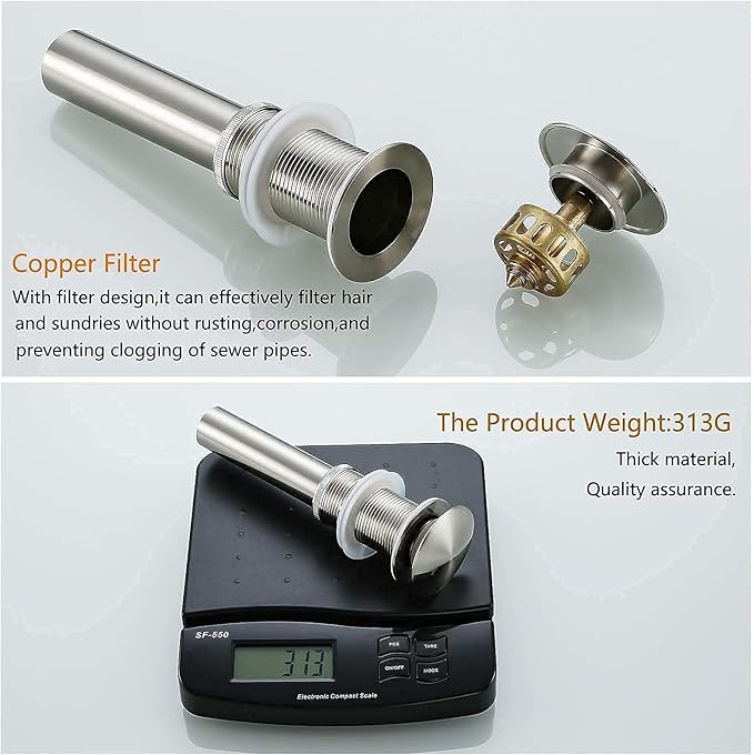 Pop Up Drain Assembly Brushed Nickel,Bathroom Sink Drain with Removable Brass Strainer Basket Without Overflow Vessel Basin Sink Drain Stopper,83606BN.