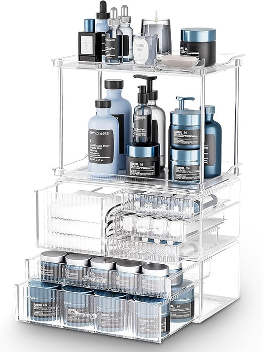 Acina Bathroom Countertop Organizers and Storage: 2-Tier 6-Drawer Makeup Organizer Countertop, Easy to Install, Ideal for Bathroom Storage, Vanity, Perfume, Large Skincare Items, Present, Clear