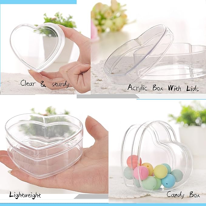 KissYou Acrylic Box with Lid Heart Shaped Box Small Containers with Lids 24 Pieces Heart Box Easter Clear Candy Jewelry Storage Box