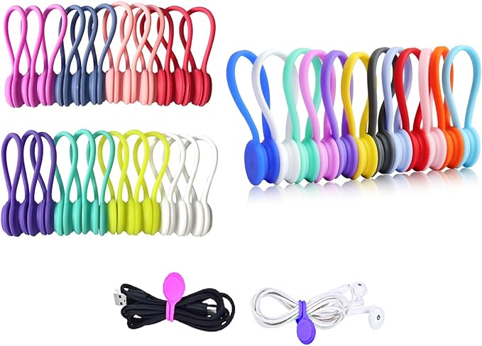 Motiloo 36 Pack Reusable Silicone Magnetic Cable Ties Clips Pack Earbuds Cords Organizers Bookmark Whiteboard Noticeboard Fridge Magnets Cable Manager Keeper Ties for Kitchen Office School