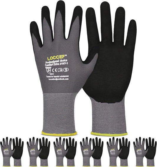 LOCCEF Work Gloves MicroFoam Nitrile Coated-6 Pairs,Seamless Knit Nylon Gloves,Gray Work gloves