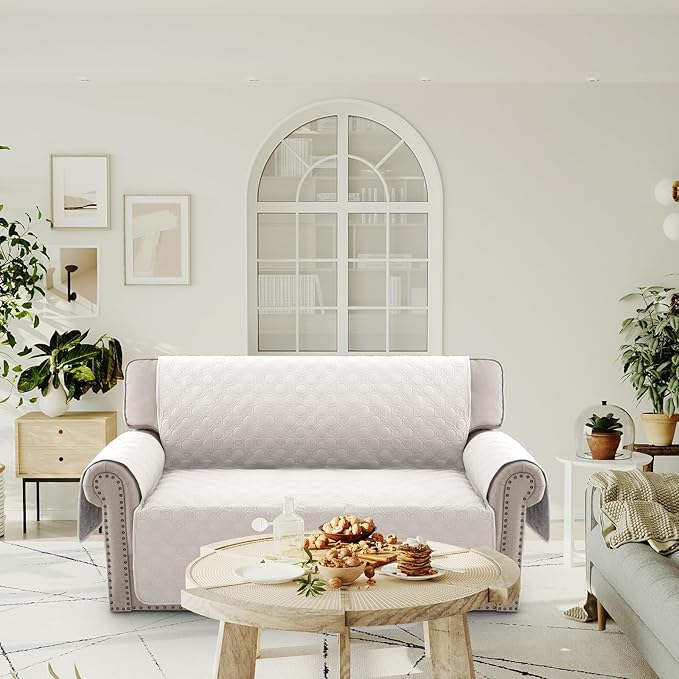 PrinceDeco Beige Loveseat Covers for 2 Cushion Couch Waterproof Sofa Covers, Machine Washable Love Seat Quilted Couch Covers, Pet Friendly Slipcovers (Loveseat 48", Beige Cream)