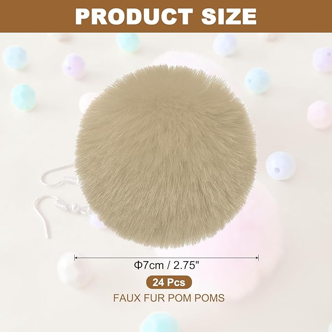 PATIKIL Faux Fur Pom Poms for Hats, 24 Pcs Fluffy Soft Fur Poms Balls with Elastic Loop for Keychain Knitting Hats DIY Scarves Gloves Bag Christmas, Light Brown
