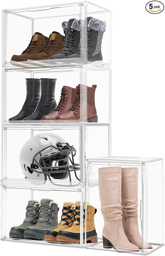 5 Pack XXX-Large Acrylic Display Case 17.7''x13''x13'' Tall Boot Storage Box Handbag Organizer for Closet Clear Boot Organizer Stackable Figure, Collectibles, Helmet Showcase with Magnetic Lid