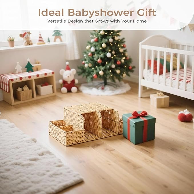 Diaper Caddy Organizer, Hand Rattan Nursery Storage Basket for Baby Essentials, Baby Changing Table Organizer Perfect Nursery Assistant (Natural Light Woven - Style 2, L)