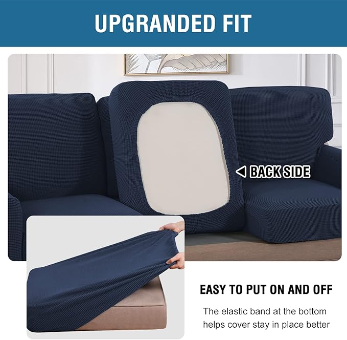 H.VERSAILTEX Multi-Pieces Chair Covers Stretch Couch Covers Form Fitted Seat and Back Cushions Covers (1 Seat Cover Plus 1 Back Cusion Cover, Bonus 2 Armrest Covers), Navy