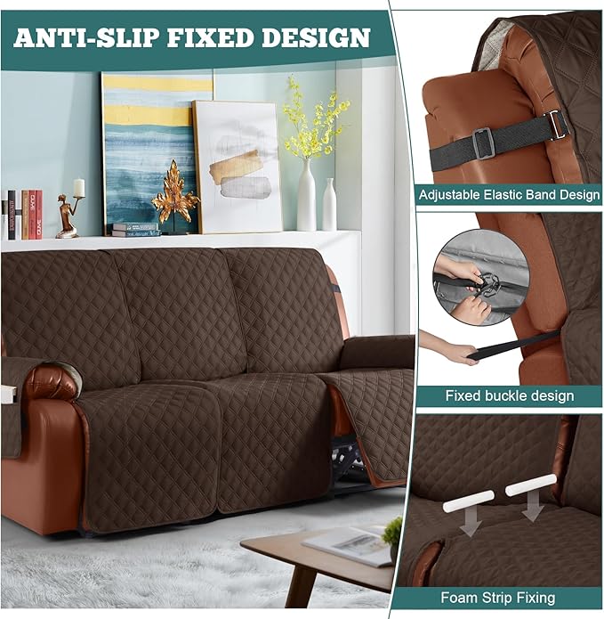 Ruaozz Waterproof Recliner Sofa Covers, 1-Piece Couch Covers for Reclining Couches Reclining Couch Cover Washable Furniture Protector with Elastic Straps Pocket for Kids Pets (Dark Brown, 2 Seater)