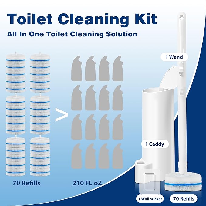 Disposable Toilet Brush Set with 70 Refills, Wall-Mounted Toilet Bowl Wand Kit-1 Extend Toliet Wand, 1 Storage Holder&70 Disposable Refill Pre-Filled Cleaning Solution for Deep Cleaning Toilet,1 Pack
