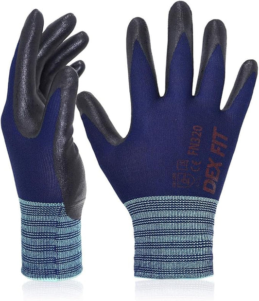 DEX FIT Premium Nylon Work Gloves FN320 - Firm Nitrile Grip, 3D-Comfort Stretchy Fit, Thin & Lightweight, Protective & Durable, Breathable, Machine Washable; Navy 8 (M) 1 Pair