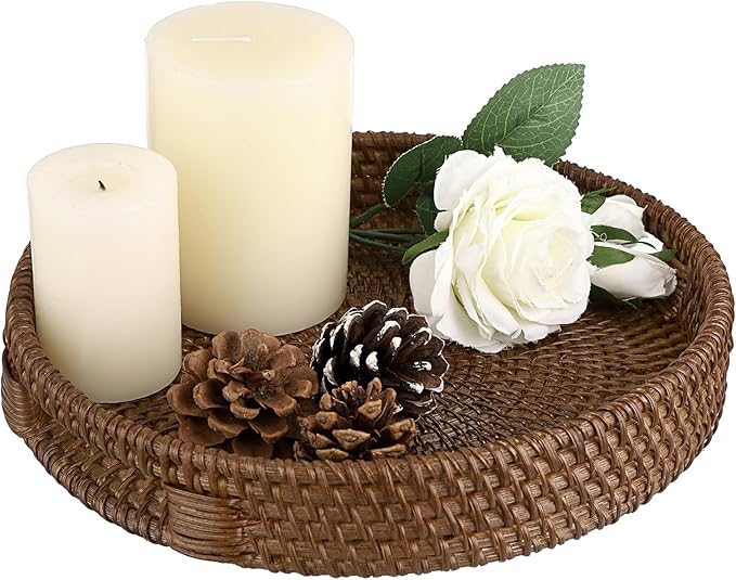 Hipiwe Rattan Round Serving Tray with Handles, Woven Decorative Basket Tray for Coffee Table, Small Wicker Ottoman Tray for Serving Breakfast Dinner Parties, Brown 10 inch
