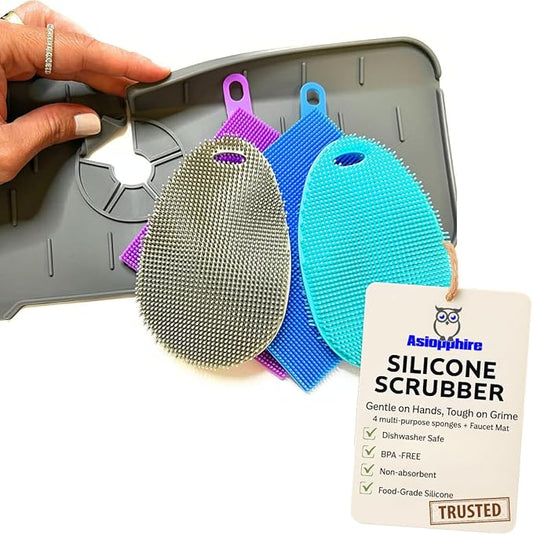 Faucet Mat for Sink - Silicone Scrubber Dish Set, Splash Guard, Food Grade BPA Free Kitchen Scrubber