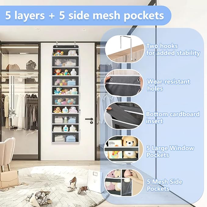Over the Door Organizer with 5 Front Pockets and 5 Mesh Side Pockets,Extra Large Hanging Organizer for Over the Door Storage in Bedroom, Bathroom, Pantry, Nursery (Grey)