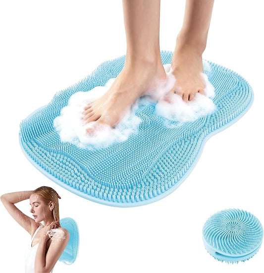 Bath Shower Foot Scrubber Mat - Silicone Shower Foot Scrubber Mat (XL) Cleaner Foot Toes Clean Pad Without Bending Non-Slip Suction Cups Bathroom mat 17.2 * 13 inch - Light Blue