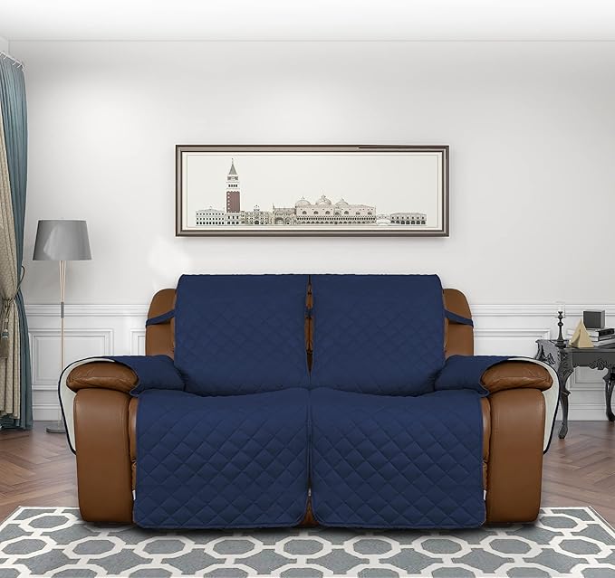 Easy-Going Loveseat Recliner Cover, Reversible Couch Cover for Double Recliner, Split Sofa Cover for Each Seat, Furniture Protector with Elastic Straps for Dogs, Pets(2 Seater, Navy/Ivory)