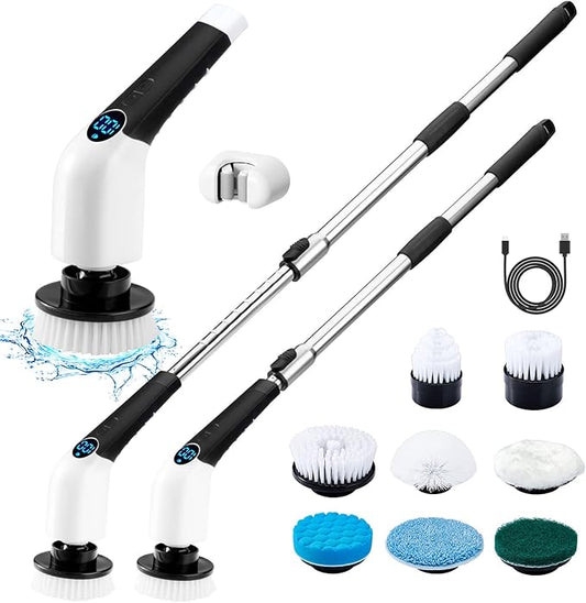 Electric Spin Scrubber, Cordless Cleaning Brush Power Shower Scrubber Long Handle Extendable Handheld Electric Scrubber for Bathroom Floor Tub Tile with 8 Replaceable Brush Heads & Hook