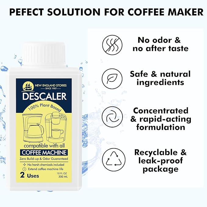 New England Stories Coffee Machine Descaler - 10oz (2 Uses), Universal Descaling Solution Compatible with Keurig, Nespresso, Delonghi and All Single Use Coffee and Espresso Machines