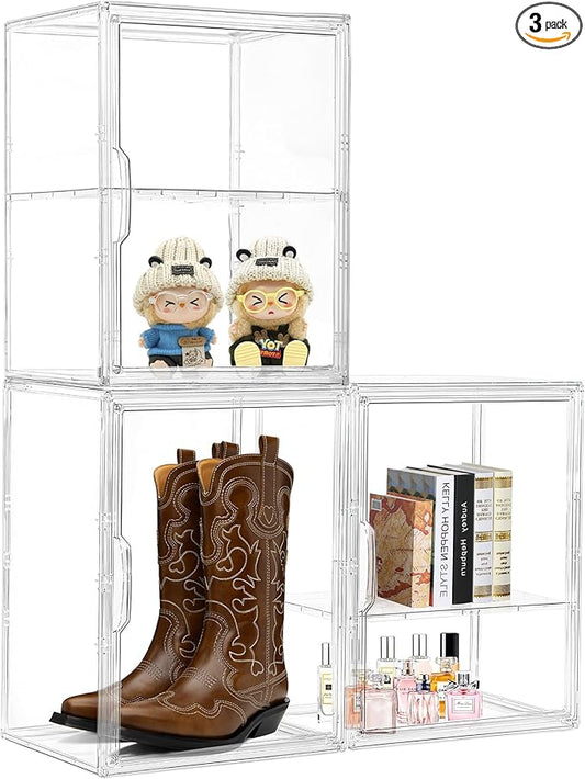 Attelite Acrylic Display Case Compatible with Labubu POP MART, Clear Stackable Plastic Storage Bins with Magnetic Lid, Display Box for Large Figures Collectibles, Cosmetic, Shoe, Perfume and Purse