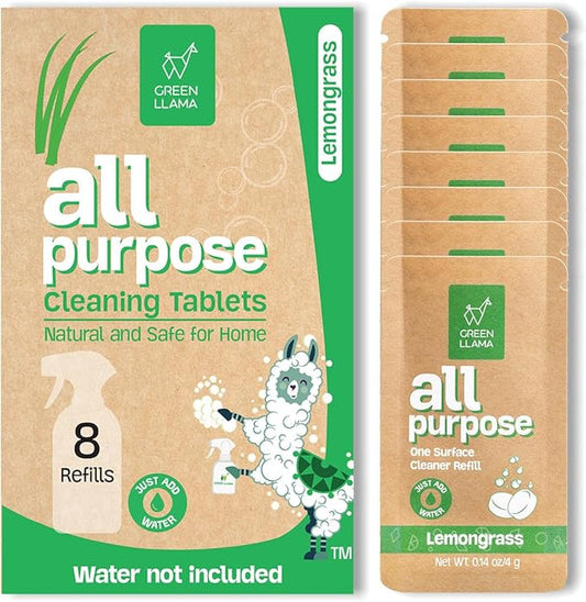 Green Llama Eco-Friendly and Sustainable All-Purpose Refill Tablets | 8-Pack | Lemon Grass Scent | Natural Cleaning Solution for Home with Certified Compostable Packaging