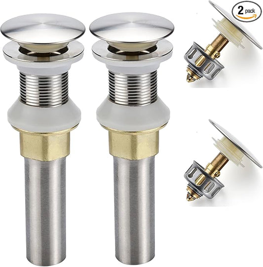 Bathroom Sink Drain,2 Pack Drain Stopper Bathroom Sink Without Overflow,Pop Up Drain Assembly with Detachable Strainer Basket,Built-in Anti-Clogging Strainer,Stainless Steel Brushed Nickel