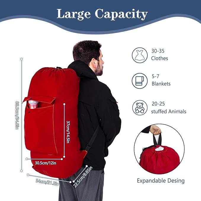 Sanlykate Canvas Backpack Laundry Bag - Extra Large Durable Dirty Clothes 2-3 Days Capacity with Adjustable Shoulder Strap & Front Pocket, for College Dorm, Apartment, Laundromats, Camping Travel