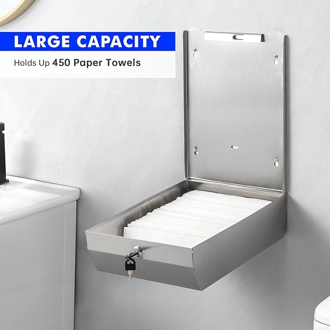 Paper Towel Dispenser Wall Mount Commercial, Brushed Stainless Steel & Fingerprint Resistant, Lockable, for c fold/Multifold/Trifold Paper Towels, Touchless Hand Towels Holder