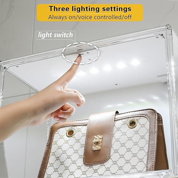 Clear Acrylic Display Case with Light, Dustproof Stackable Showcase for Collectibles, Figures, Shoes, Toys & Jewelry - Plastic Storage Bins Support Voice Control Lighting