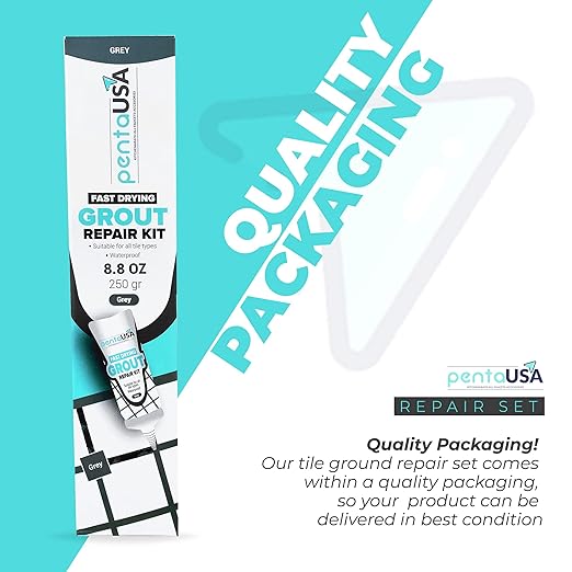 PentaUSA Tile Grout Repair Kit - Premixed Acrylic Sanded Grout for Bathroom,Shower&Kitchen, Repairs, Renews & Restores, Waterproof Formula, Gray, (8.8oz / 250gr)