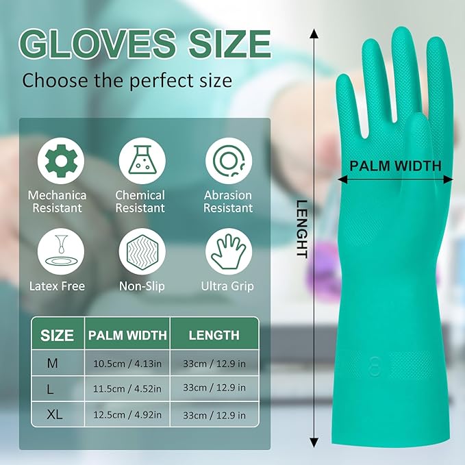Beieverluck 10 Pairs Chemical Resistant Gloves, Reusable Heavy Duty Rubber Work Gloves, 12.6" Long Nitrile Gloves for Acid Alkali Oil Protection and Industrial Use Household, Medium