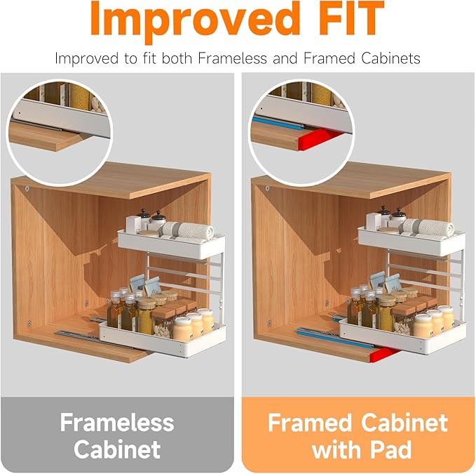Metal Pull Out Slide Shelf Organizer for Framed or Frameless Under Sink Cabinets, Kitchen, Bathroom, Counter (White, 1 Set)