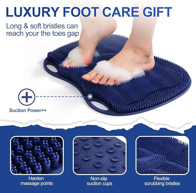 Shower Foot Scrubber Mat Large 2.0- Silicone Feet Toes Massage Exfoliate Cleaner Pad Long Brush Without Bending Non-Slip Suction Cups in Shower Floor Bathtub Foot Relax Spa 17.4 * 13" Navy Blue