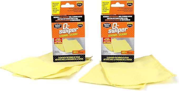 Q-Swiper XL Steam-Clean Grill Cleaning Value Set | Bristle-Free Brush with Scraper | Dipping Tray, 4 Kevlar® Heat Resistant Cleaning Cloths | Safe Way to Steam Away BBQ Grill Grease & Grime