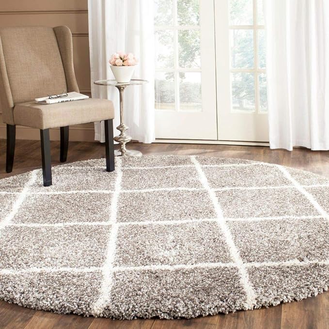 SAFAVIEH Hudson Shag Collection 3' Round Grey/Ivory SGH281B Modern Diamond Trellis Non-Shedding Living Room Bedroom Dining Room Entryway Plush 2-inch Thick Area Rug