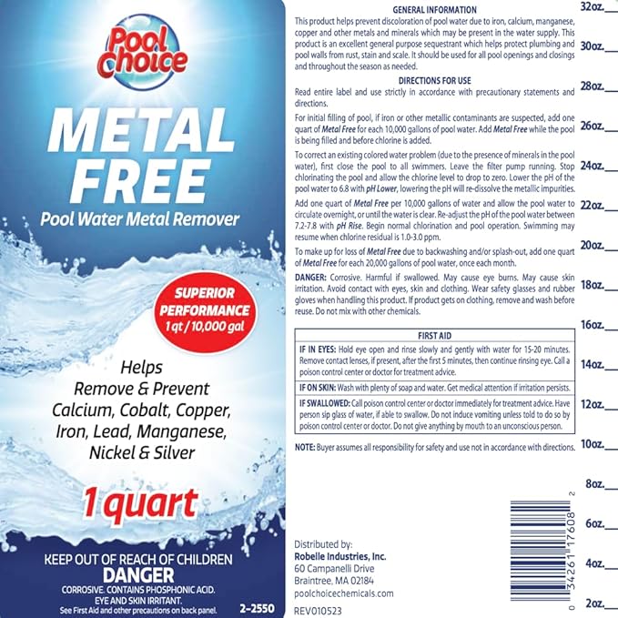 SpaChoice 1-Quart Premium Metal Free Pool Water Metal Remover, Pool Stain Remover, Made in USA