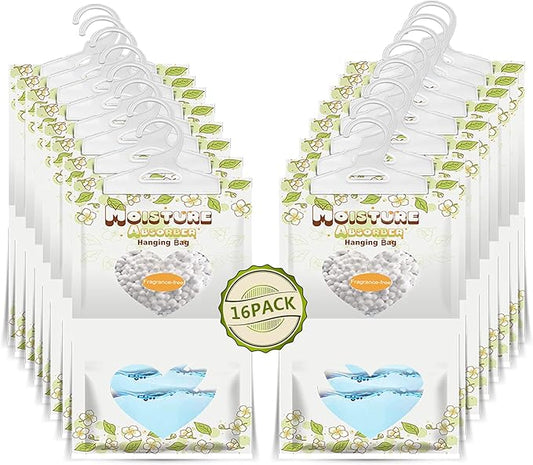 16 Pack Moisture Absorber Hanging Bags,220g/Pack Fagrance Free Moisture Bag,Hanging Closet Dehumidifier Bags for Basement Closet Storeroom