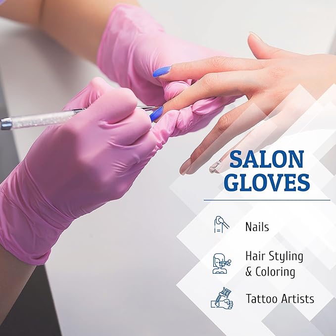 Hand-E Touch Pink Nitrile Disposable Gloves - Esthetician, Nail Tech, Hair Dye & Stylist, Cleaning Gloves