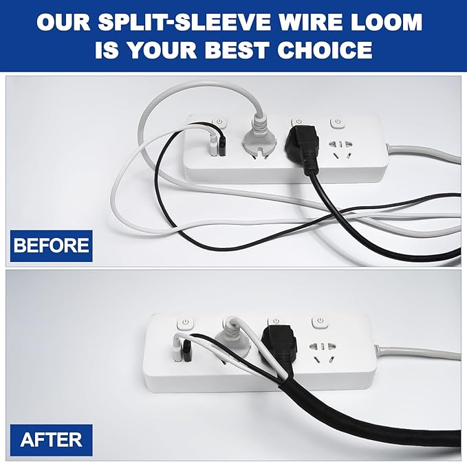 Split-Sleeve Wire Loom for High-Temperature Automotive Harness and Home Cable Management, 25ft - 4/5 inch Braided Cable Management Sleeve Cord Protector, Self-Wrapping Split Wire Loom