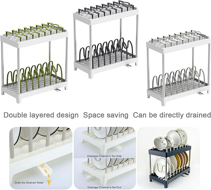 Double-Layer Pot and Pan Lid Organizer with Drainage, Adjustable 16 Compartments for Kitchen Cabinets - Bakeware, Cookware, Cutting Boards & Dishes (Khaki Gray)