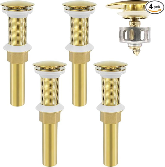 Bathroom Sink Drain, 4 Pack Gold Drain Stopper Without Overflow,Pop Up Drain Assembly Without Detachable Strainer Basket,Built-in Anti-Clogging Strainer,Stainless Steel